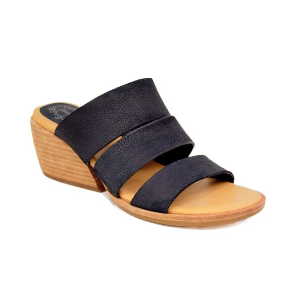 Kork-Ease Black Leather Triple Strap Block Heel Low Wedge Sandal Women's Size 6
